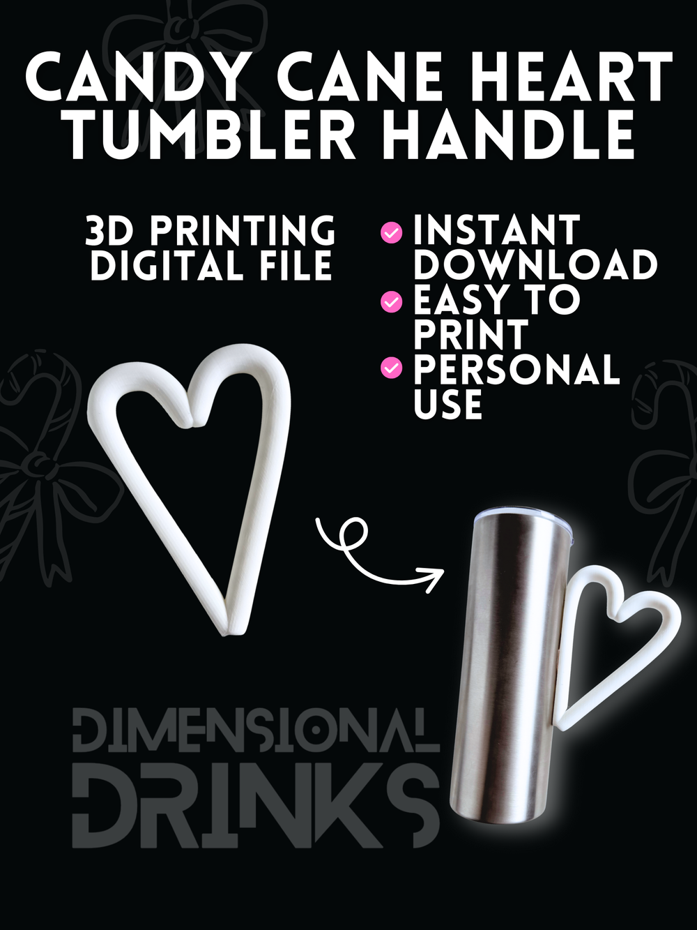 Candy Cane Heart Tumbler Handle Digital STL File