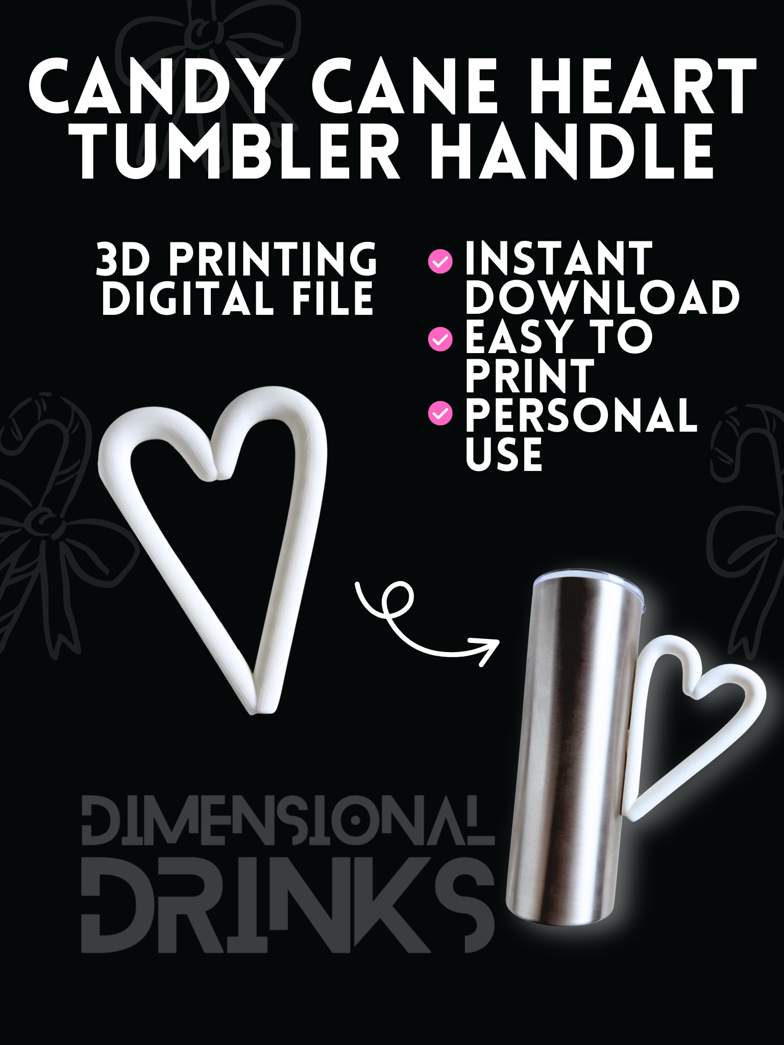 Candy Cane Heart Tumbler Handle Digital STL File