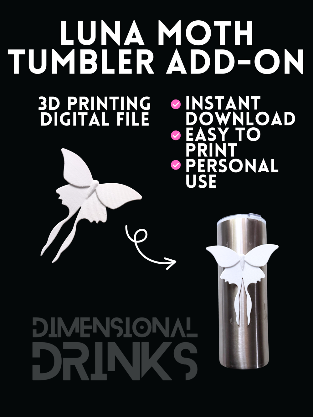 Luna Moth Tumbler Addon Digital STL File