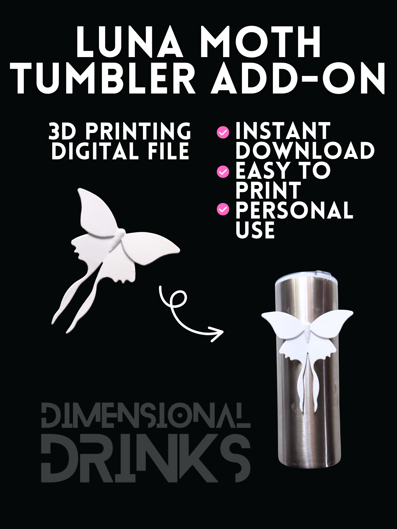 Luna Moth Tumbler Addon Digital STL File