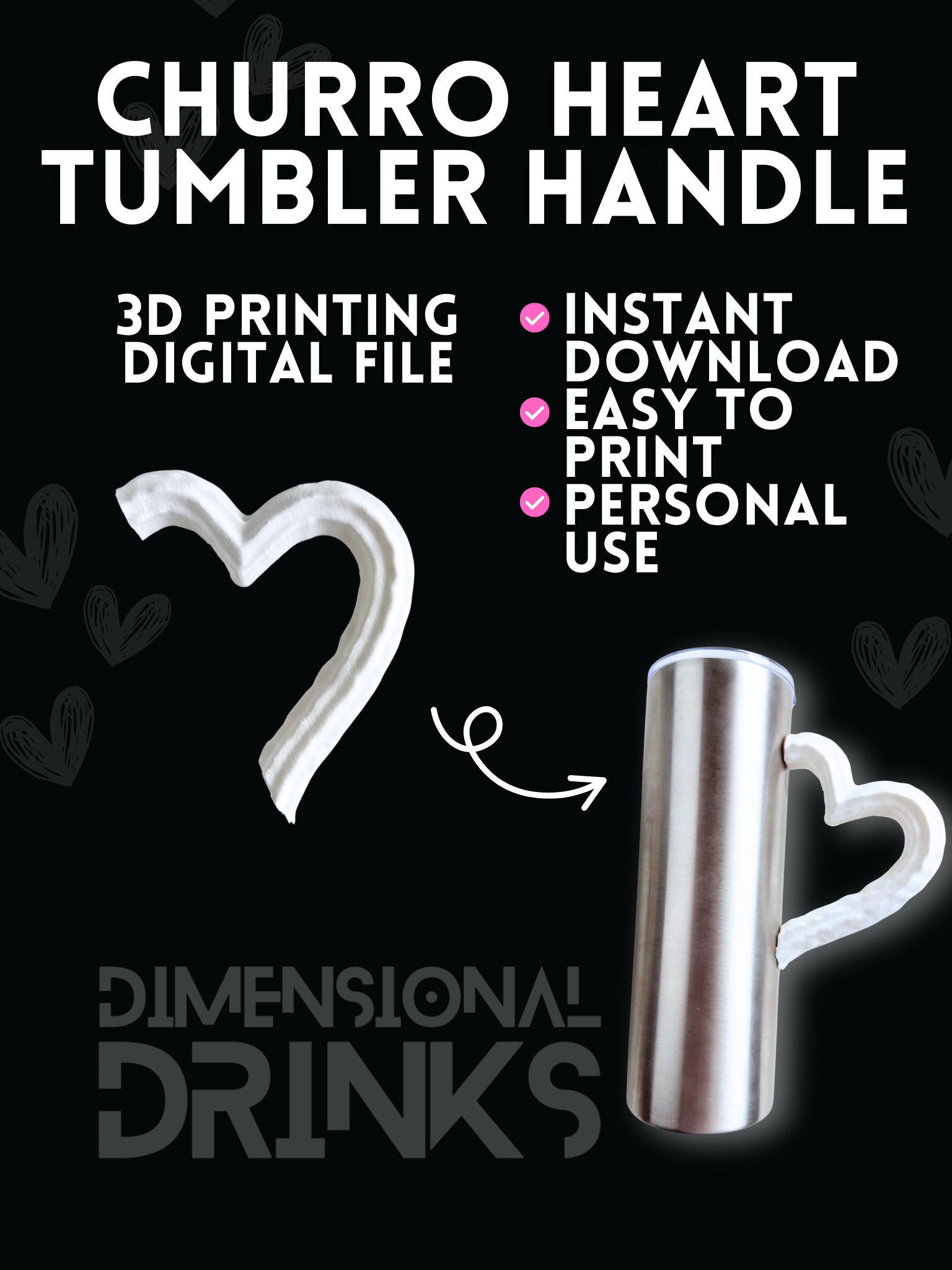Heart Churro Tumbler Handle Digital STL File