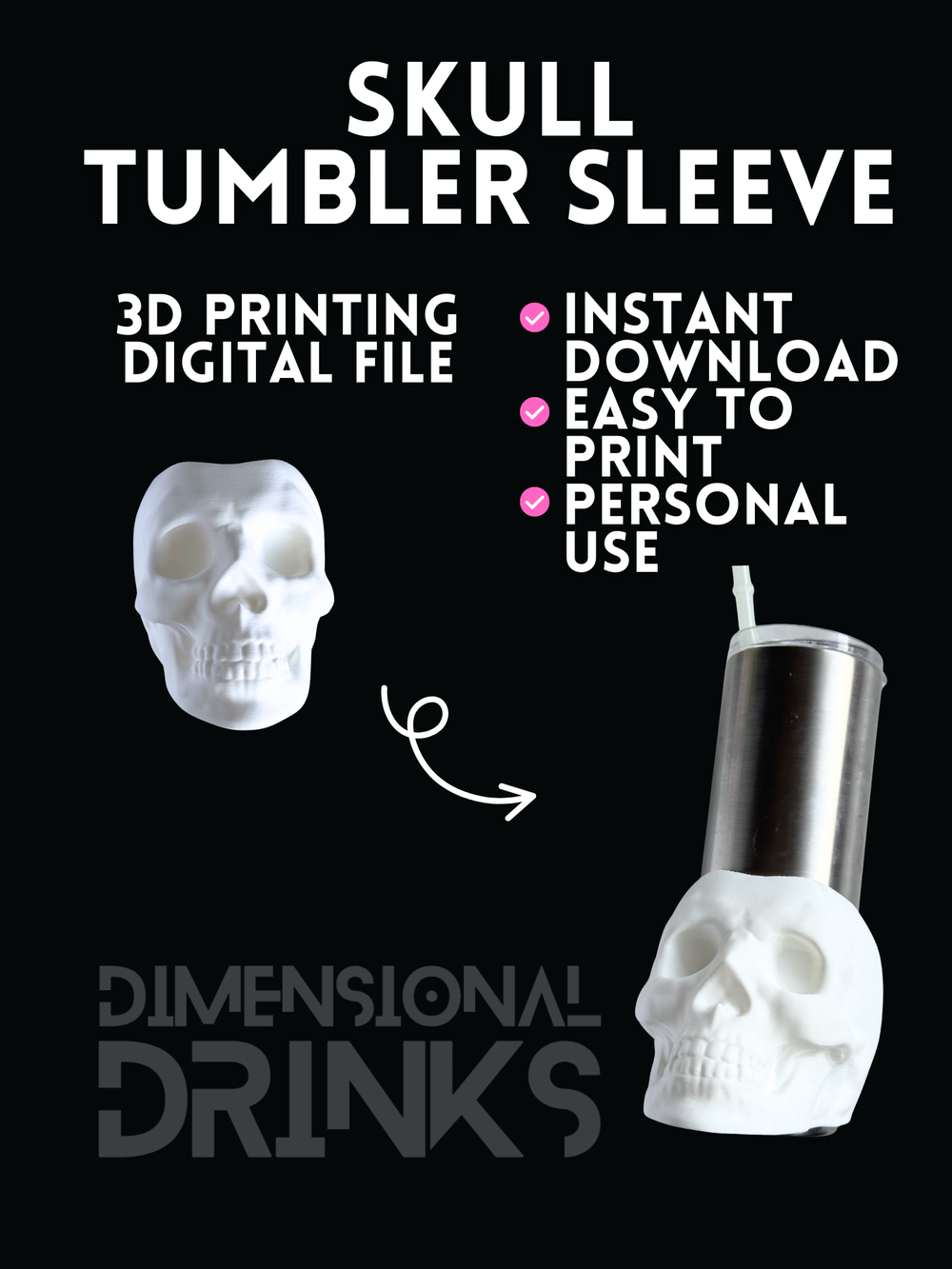 Skull 3D Tumbler Sleeve Digital STL File