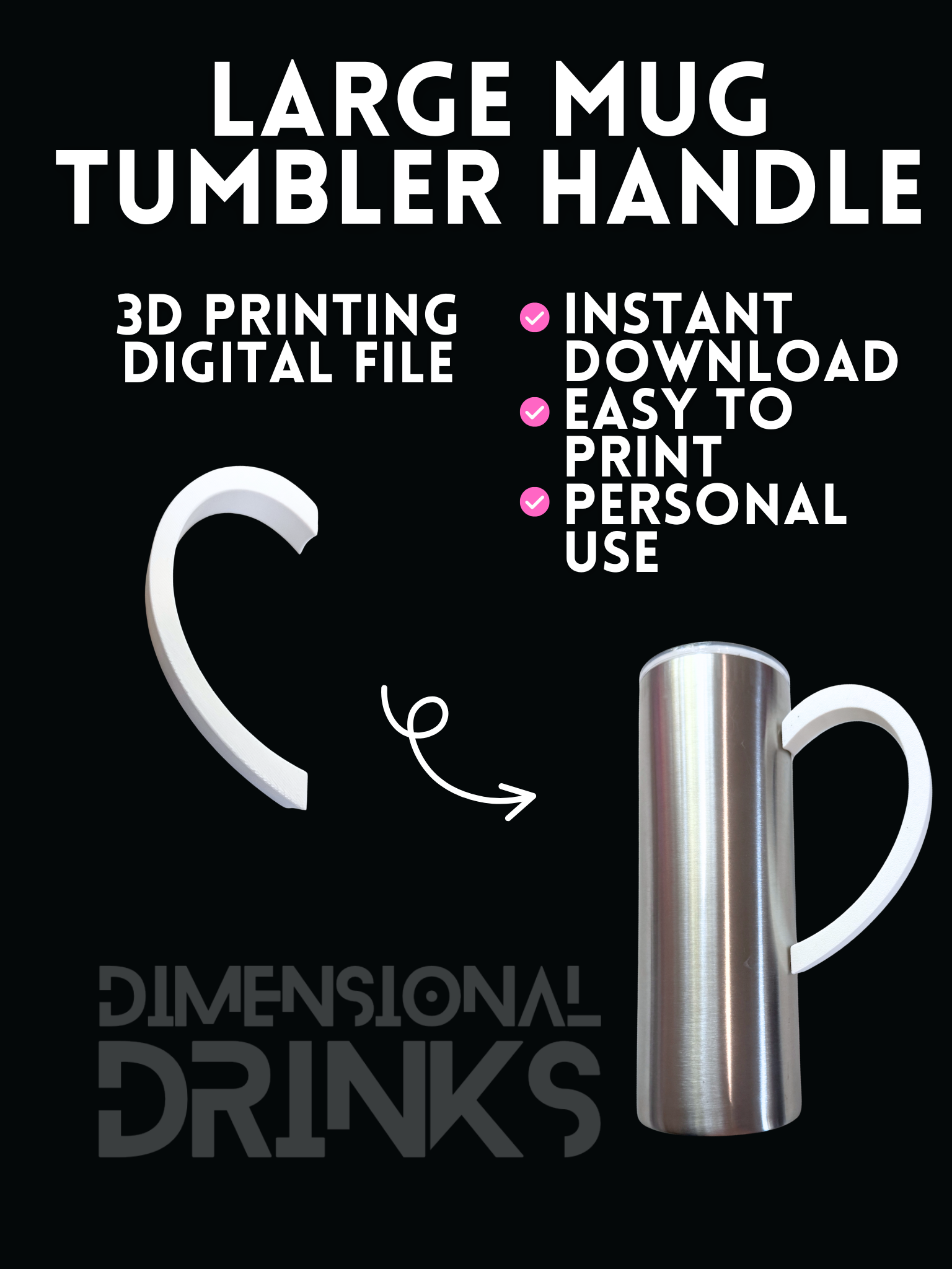Large Mug Tumbler Handle Digital STL File