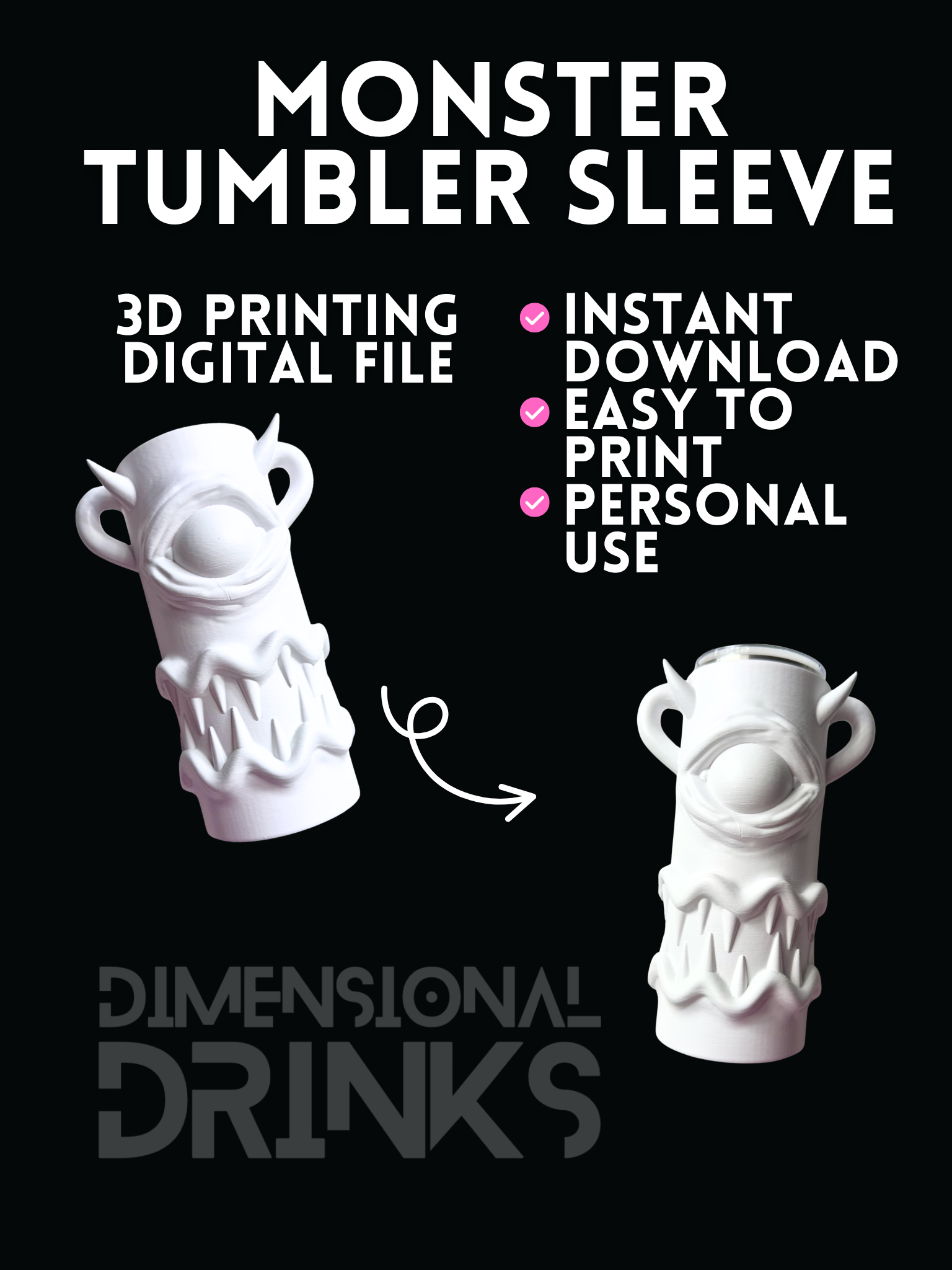 Monster 3D Tumbler Sleeve Digital STL File