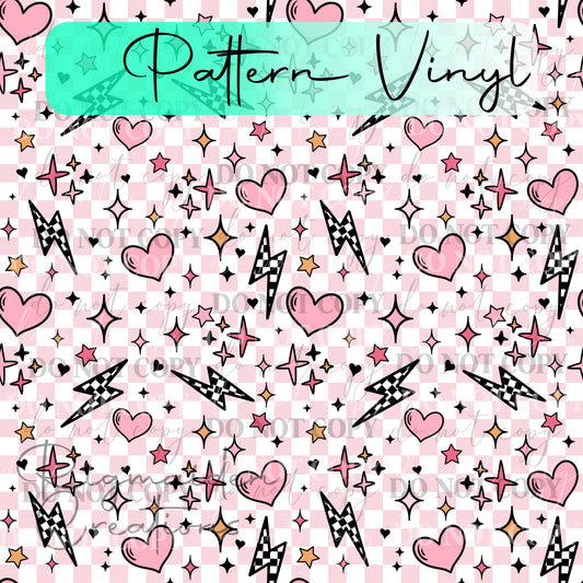 Retro Hearts, Stars & Lightning Bolts Pattern Vinyl - 12x12
