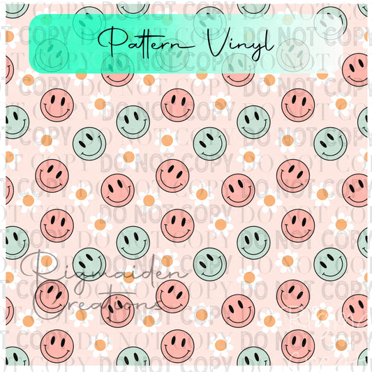 Retro Pastel Smiles & Blooms Pattern Vinyl - 12x12